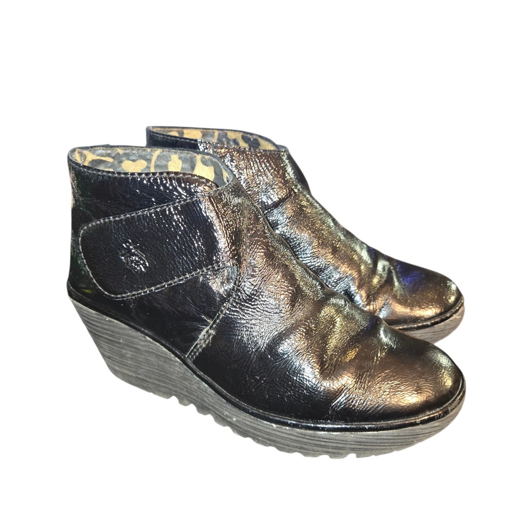 Fly London Wedge Ankle Boots Womens 39 Black Patent Leather Hook Loop P500308000